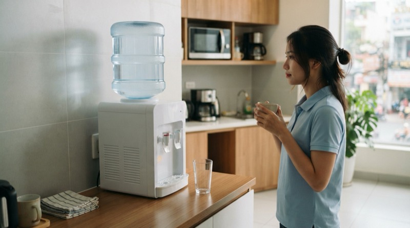 Ảnh minh họa: Cây nước uống đặt tại góc pantry văn phòng có khoảng cách thông thoáng với vách tường.