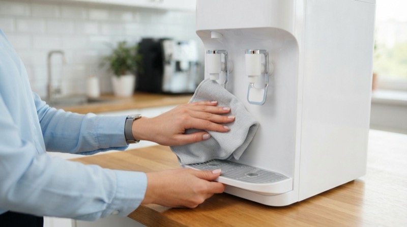 Ảnh minh họa: Thao tác tháo và lau chùi khay hứng nước của máy nóng lạnh văn phòng.