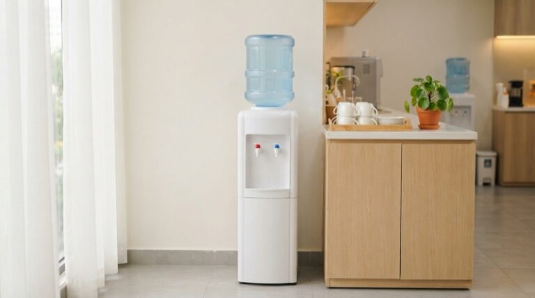 Ảnh minh họa: Cây nước nóng lạnh và bình nước úp sạch sẽ trong góc pantry văn phòng hiện đại.