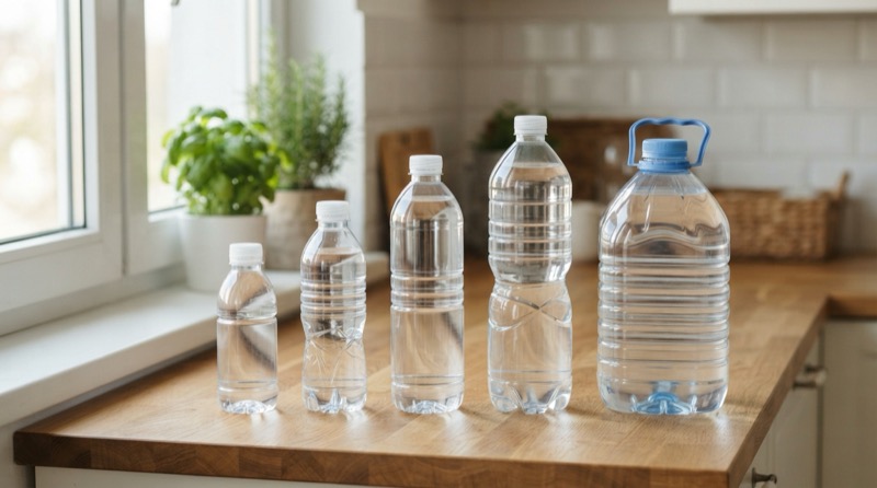 Đại lý nước Aquafina phường Khánh Hội: đặt thùng giao tận nhà 1 Ảnh minh họa: Các kích cỡ chai nước tinh khiết xếp trên bàn bếp gia đình.