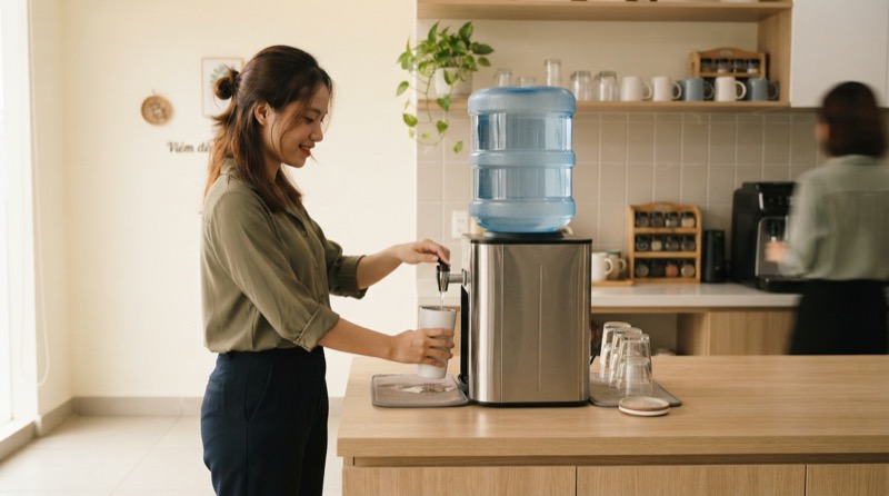 Ảnh minh họa: Nhân viên văn phòng rót nước từ máy nóng lạnh tại khu vực pantry.
