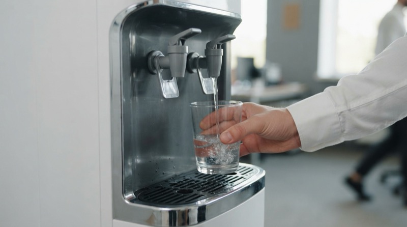 Dấu hiệu máy nóng lạnh văn phòng cần vệ sinh 1 Ảnh minh họa: Cận cảnh vòi bấm và khay hứng nước của máy nóng lạnh văn phòng khi đang rót nước vào ly.