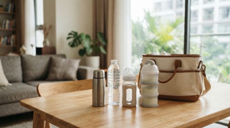 Ảnh minh họa: Bình giữ nhiệt mini, chai nước tinh khiết nhỏ và hộp chia sữa xếp sẵn bên túi đồ chuẩn bị ra ngoài.