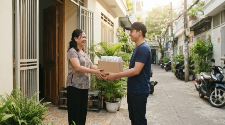 Ảnh minh họa: Giao thùng nước suối đóng chai tận cửa cho nhà phố tại TP.HCM.
