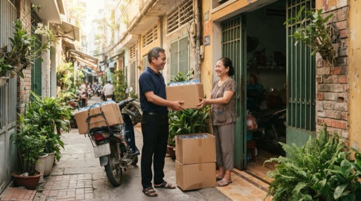 Ảnh minh họa: Giao các thùng nước tinh khiết đóng chai tận cửa nhà phố trong con hẻm tại Sài Gòn.