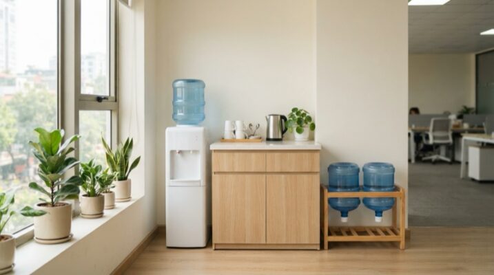 Ảnh minh họa: Góc pantry văn phòng thoáng sáng với cây nước nóng lạnh bình 20L và kệ để bình dự phòng.