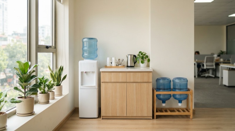 Ảnh minh họa: Góc pantry văn phòng thoáng sáng với cây nước nóng lạnh bình 20L và kệ để bình dự phòng.