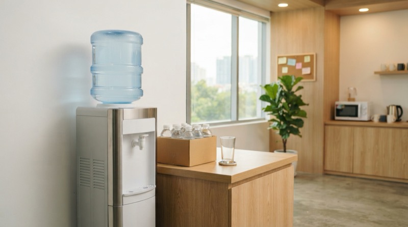 Ảnh minh họa: Góc pantry văn phòng hiện đại với bình nước 19L đặt trên máy nóng lạnh và thùng chai nước nhỏ