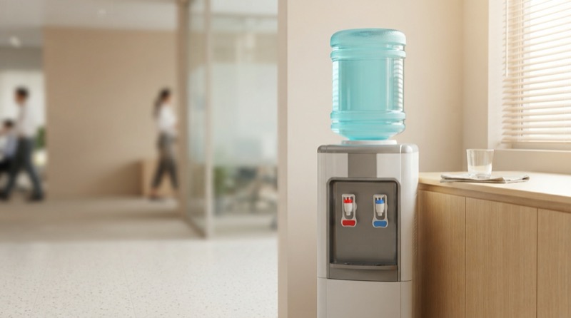 Dấu hiệu máy nóng lạnh văn phòng cần vệ sinh 2 Ảnh minh họa: Cây máy nước nóng lạnh úp bình đặt tại góc pantry văn phòng làm việc gọn gàng và sáng sủa.