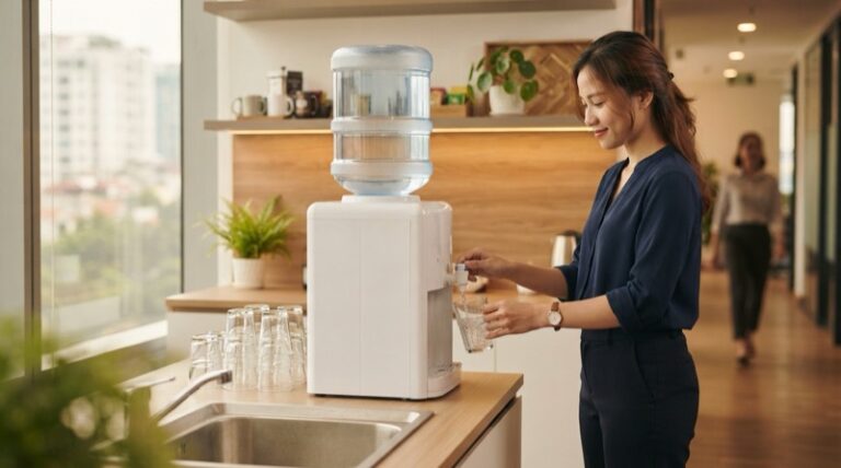 Ảnh minh họa: Cây nước nóng lạnh dùng bình 20L đặt tại góc khu vực ăn uống của văn phòng làm việc.