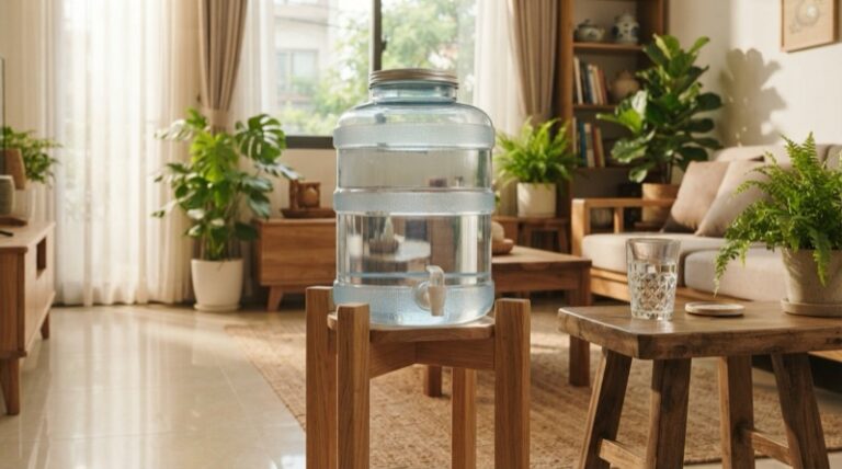 Ảnh minh họa: Bình nước uống lớn có vòi đặt trên chân kệ gỗ trong góc phòng khách gia đình sáng sủa và gọn gàng.